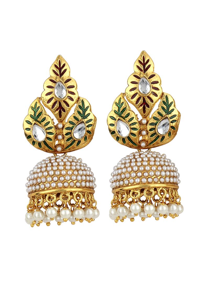 Gold Toned Pearl Studded Multi Color Drop Jhumka Earring - Indya