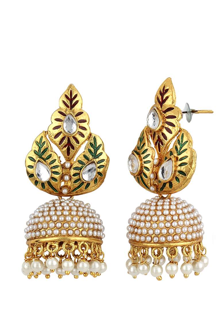 Gold Toned Pearl Studded Multi Color Drop Jhumka Earring - Indya