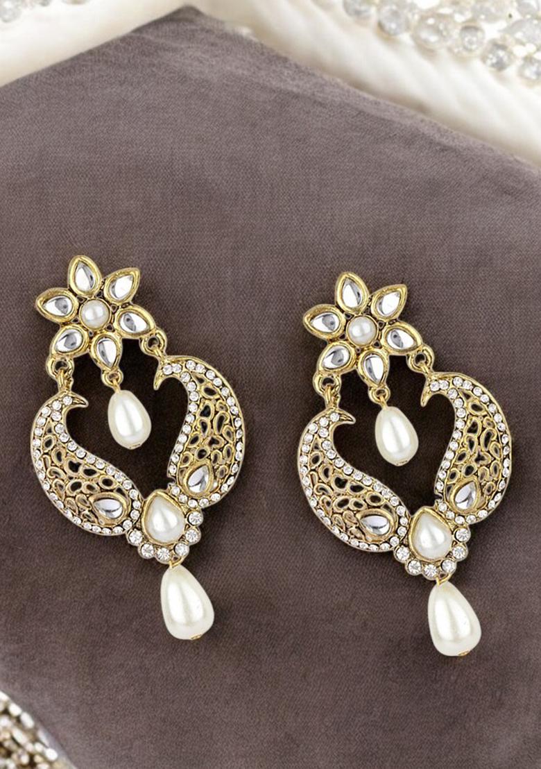 Paisley Gold Plated Artificial Stone Studded Designer Floral Drop Earring - Indya