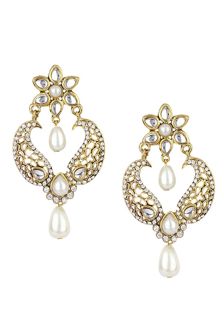 Paisley Gold Plated Artificial Stone Studded Designer Floral Drop Earring - Indya