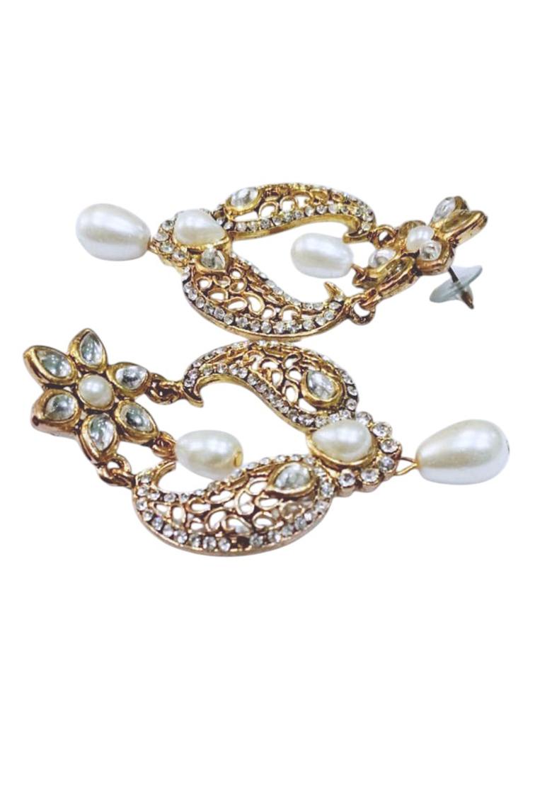Paisley Gold Plated Artificial Stone Studded Designer Floral Drop Earring - Indya