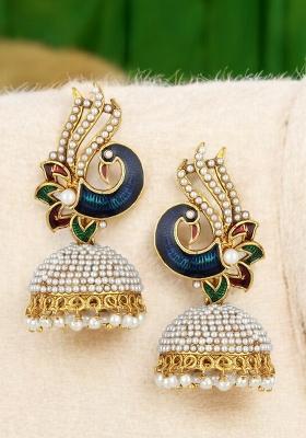 Gold Toned Pearl Studded Multi Color Drop Jhumka Earring