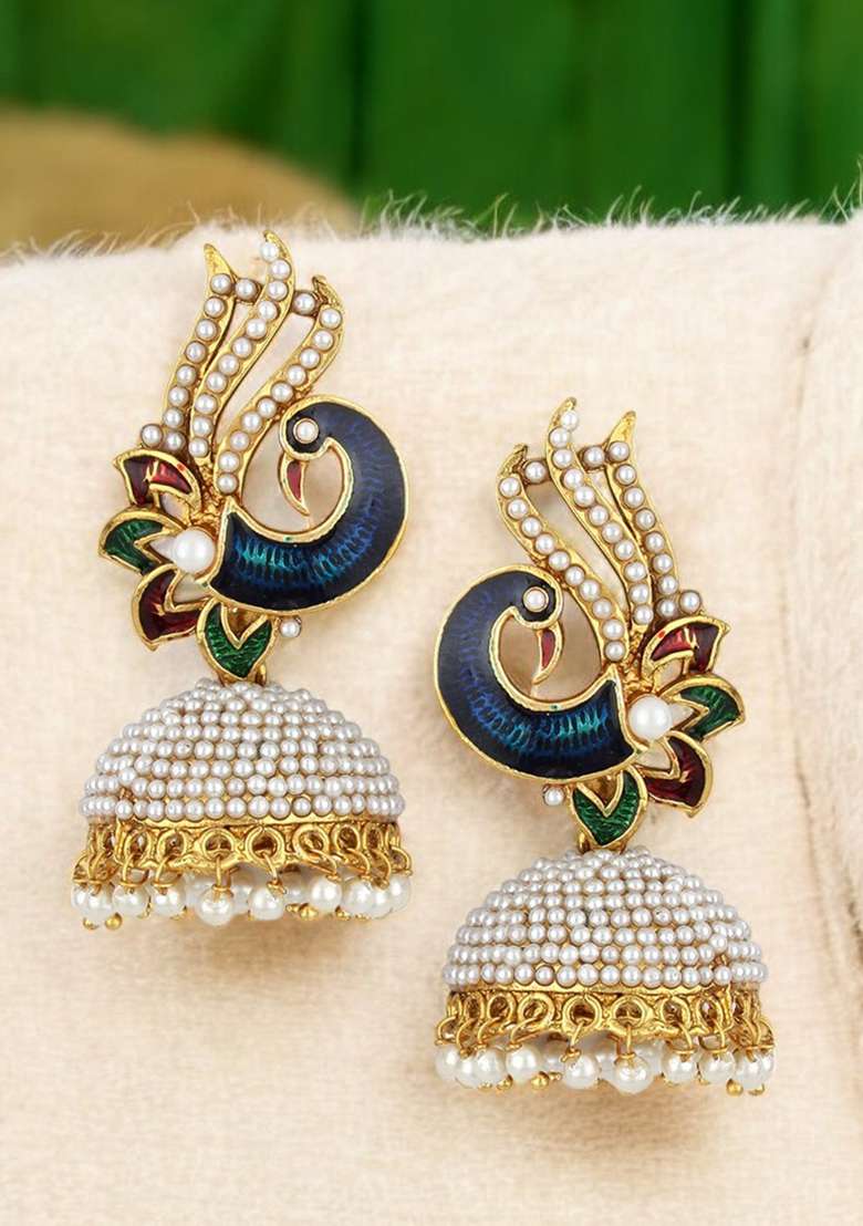 Gold Toned Pearl Studded Multi Color Drop Jhumka Earring - Indya