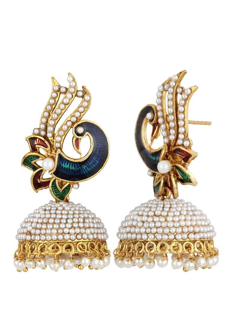 Gold Toned Pearl Studded Multi Color Drop Jhumka Earring - Indya
