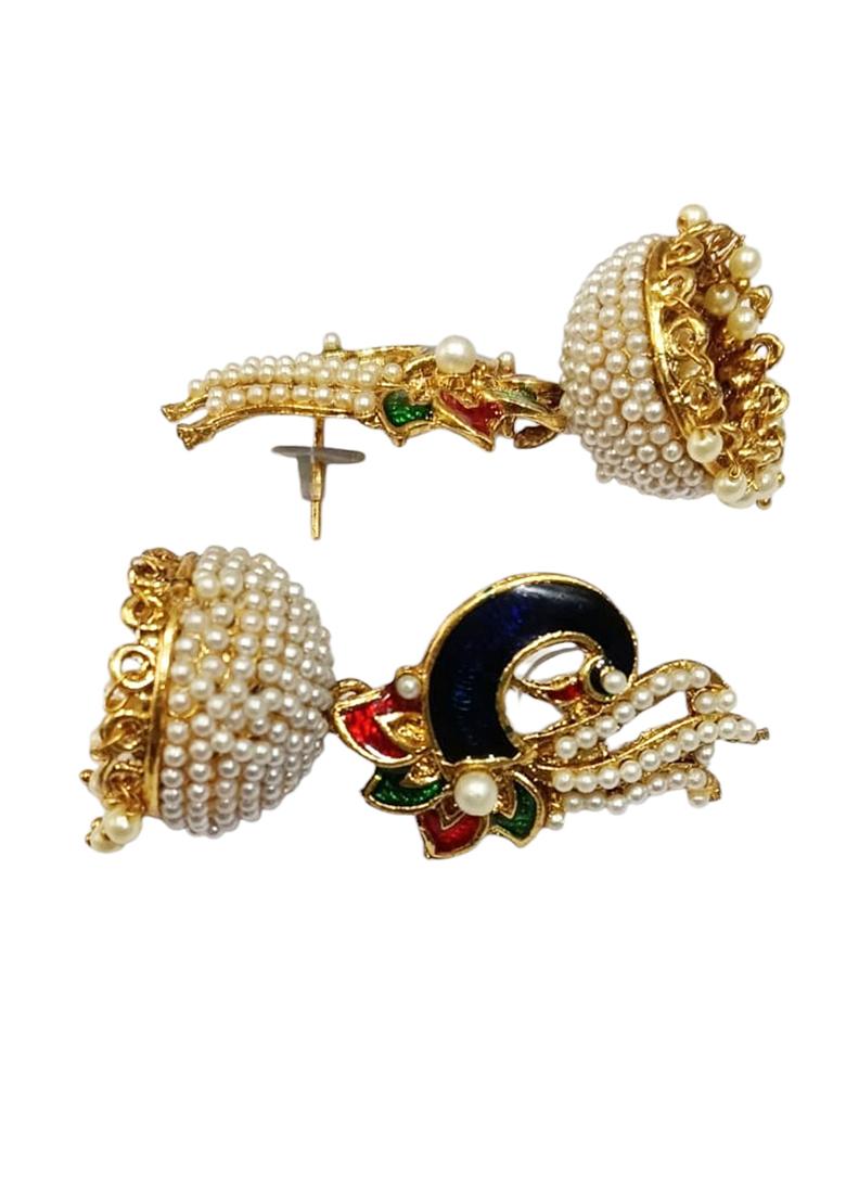 Gold Toned Pearl Studded Multi Color Drop Jhumka Earring - Indya