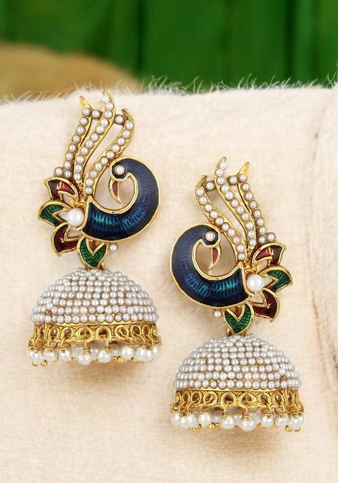Gold Toned Pearl Studded Multi Color Drop Jhumka Earring
