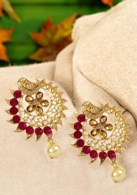 Stylish Gold Plated Round Shape Magenta Stone Drop Chandbali Earring
