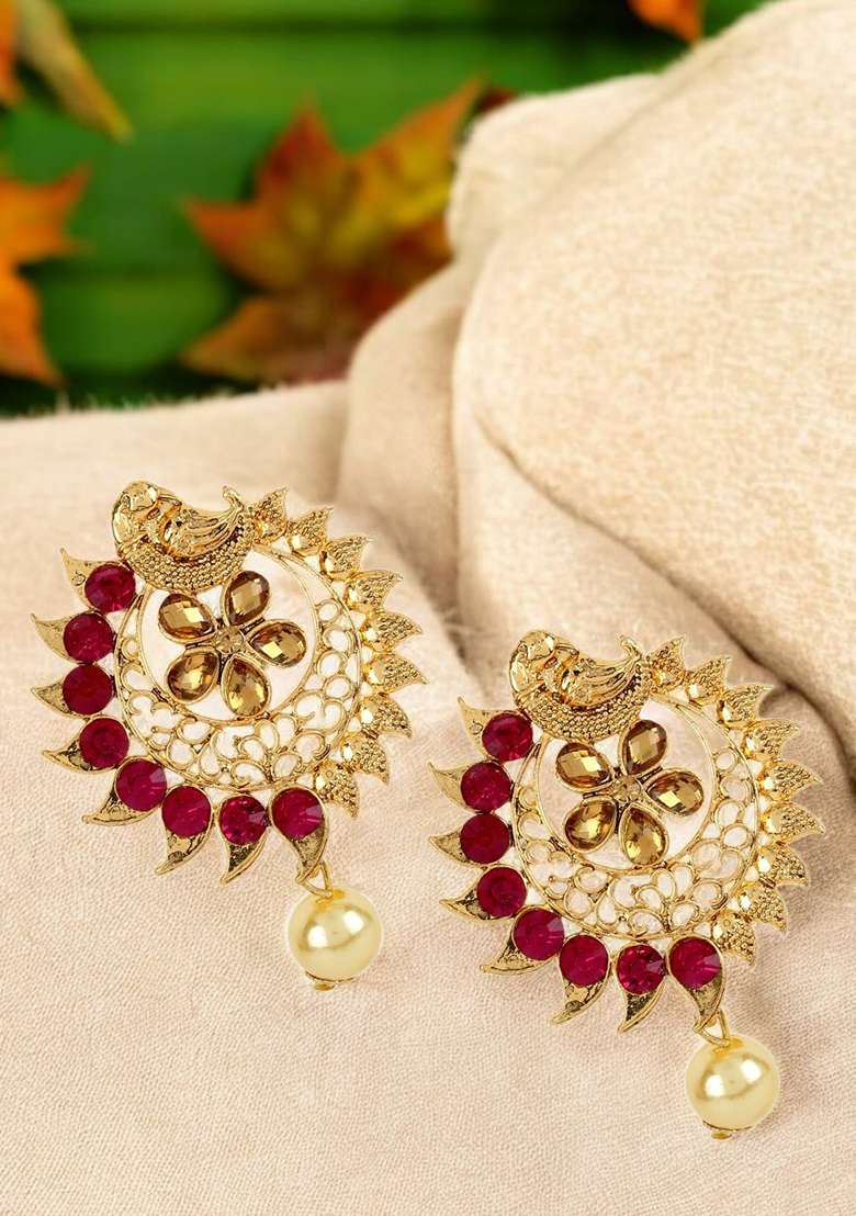 Stylish Gold Plated Round Shape Magenta Stone Drop Chandbali Earring - Indya