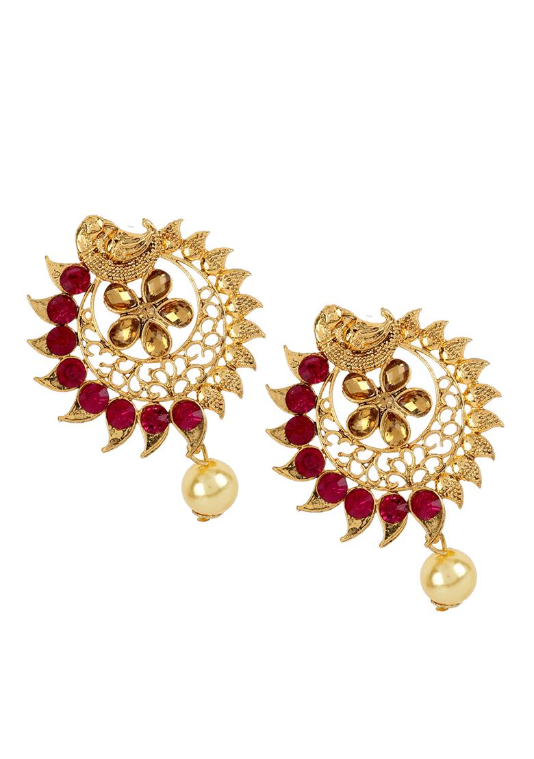 Stylish Gold Plated Round Shape Magenta Stone Drop Chandbali Earring - Indya