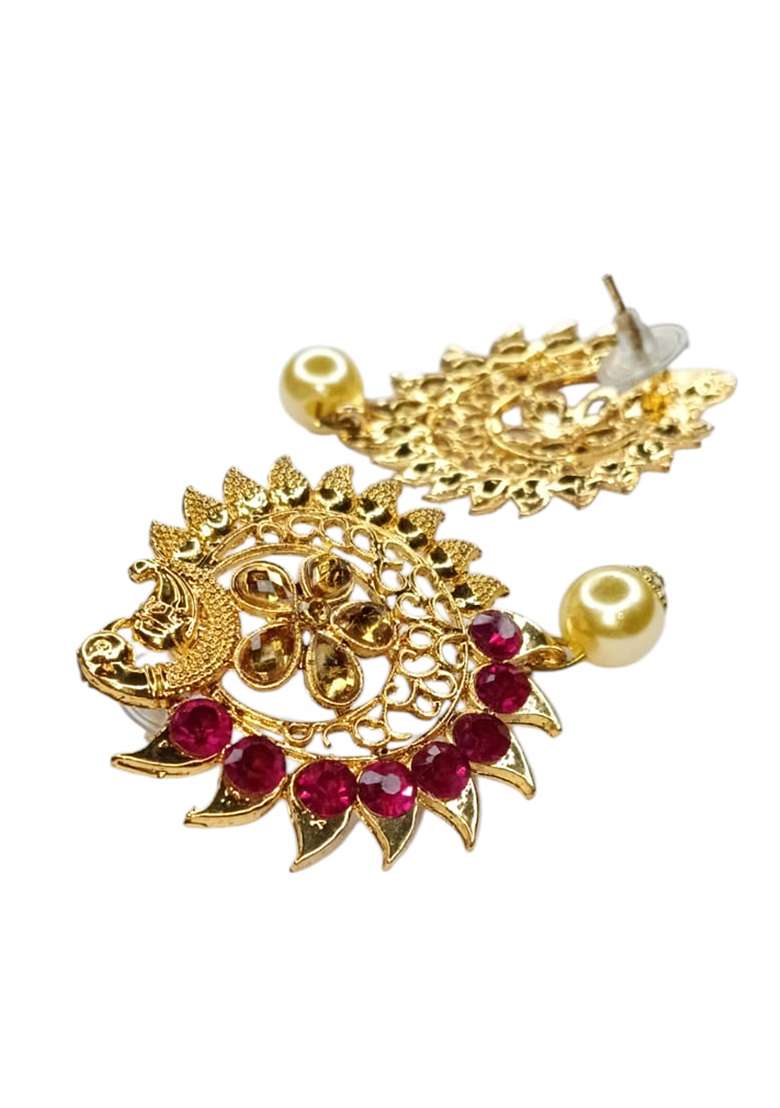 Stylish Gold Plated Round Shape Magenta Stone Drop Chandbali Earring - Indya