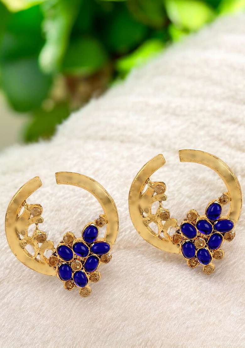 Stylish Gold Plated Round Shape Blue Stone Drop Chandbali Earring - Indya