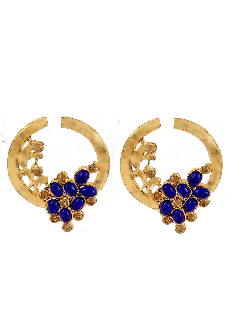 Stylish Gold Plated Round Shape Blue Stone Drop Chandbali Earring - Indya