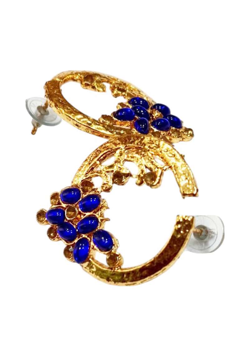 Stylish Gold Plated Round Shape Blue Stone Drop Chandbali Earring - Indya