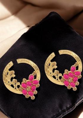 Stylish Gold Plated Round Shape Pink Stone Drop Chandbali Earring