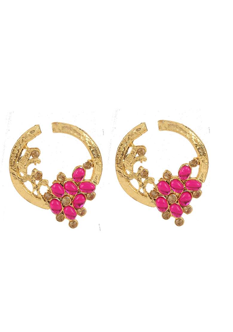 Stylish Gold Plated Round Shape Pink Stone Drop Chandbali Earring - Indya
