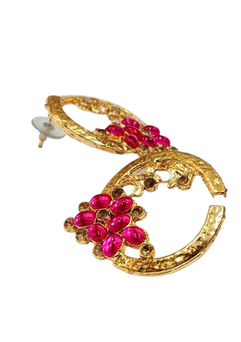 Stylish Gold Plated Round Shape Pink Stone Drop Chandbali Earring - Indya