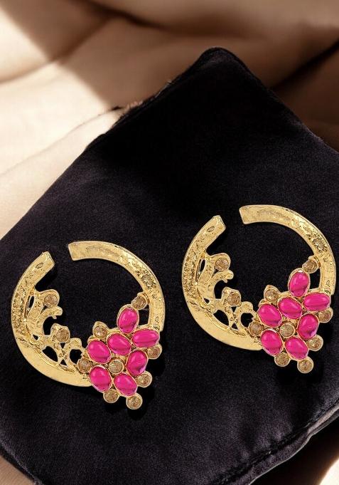 Stylish Gold Plated Round Shape Pink Stone Drop Chandbali Earring