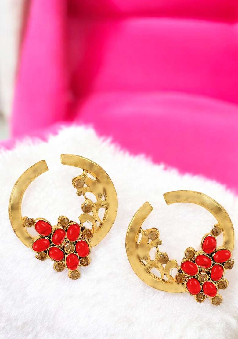 Stylish Gold Plated Round Shape Red Stone Drop Chandbali Earring - Indya