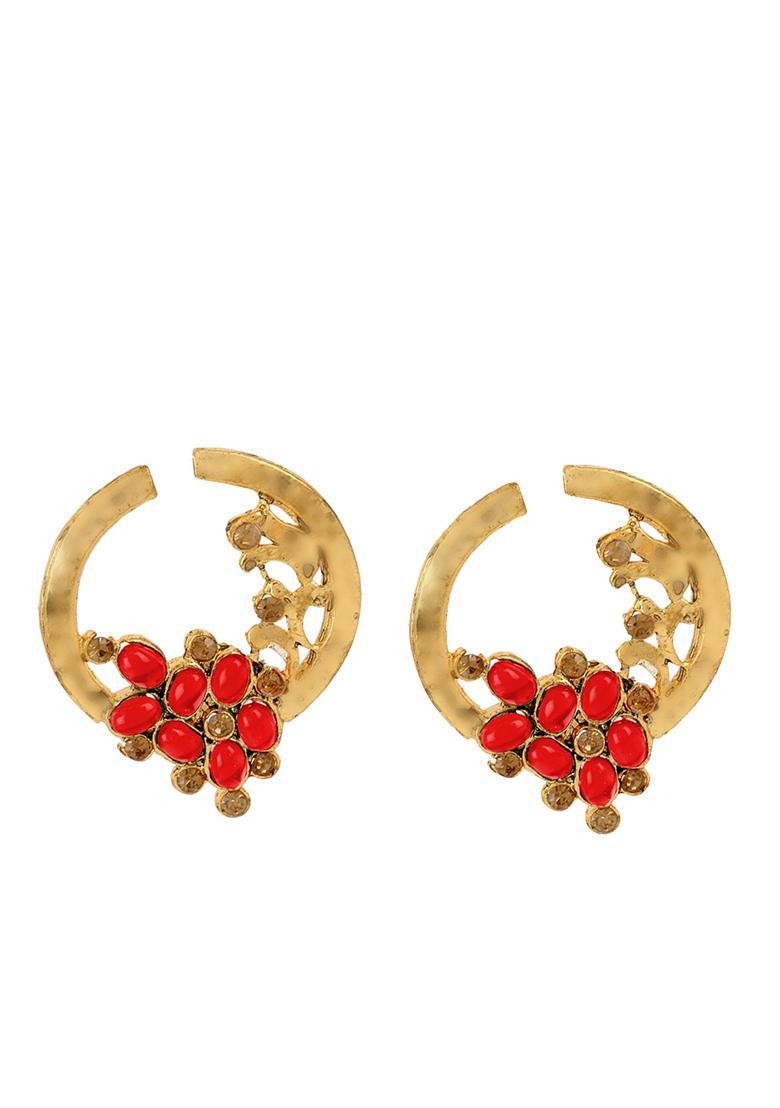 Stylish Gold Plated Round Shape Red Stone Drop Chandbali Earring - Indya