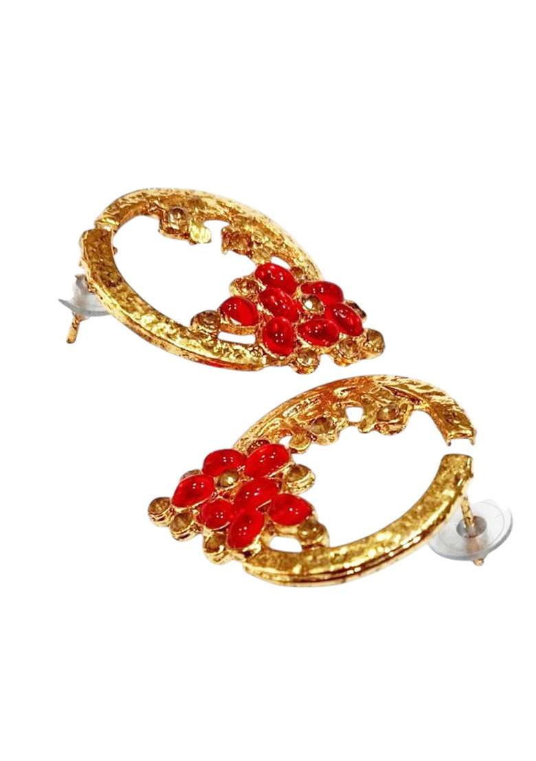 Stylish Gold Plated Round Shape Red Stone Drop Chandbali Earring - Indya