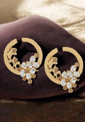 Stylish Gold Plated Round Shape White Stone Drop Chandbali Earring