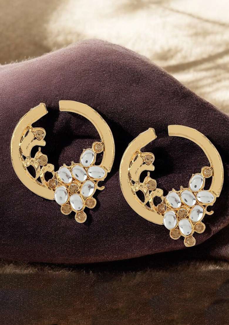 Stylish Gold Plated Round Shape White Stone Drop Chandbali Earring - Indya