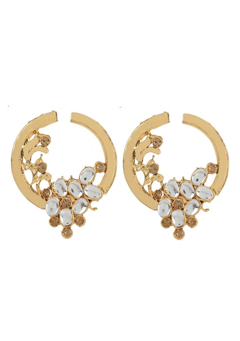 Stylish Gold Plated Round Shape White Stone Drop Chandbali Earring - Indya