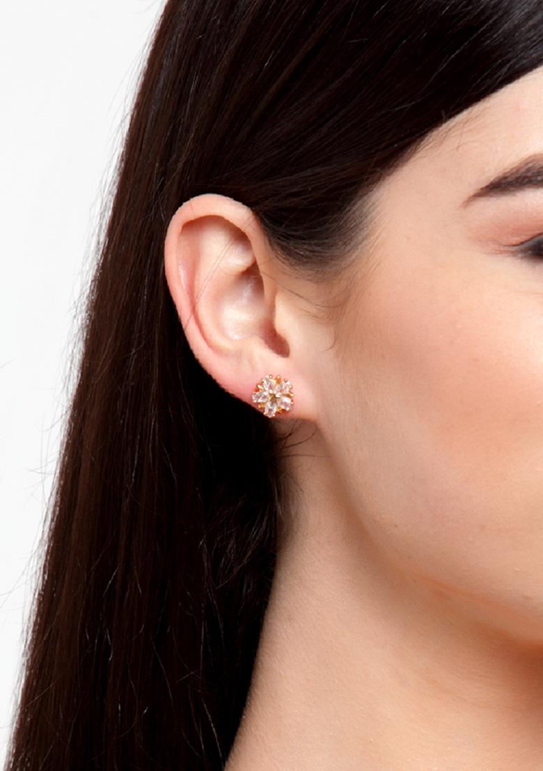 Gold Plated American Diamond Cz Stone Studded Stylish Stud Onesize White - Indya