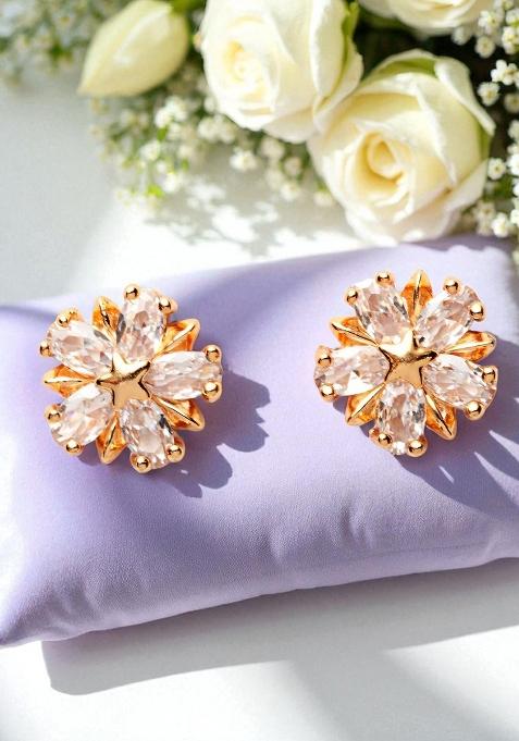 Gold Plated American Diamond Cz Stone Studded Stylish Stud Onesize White
