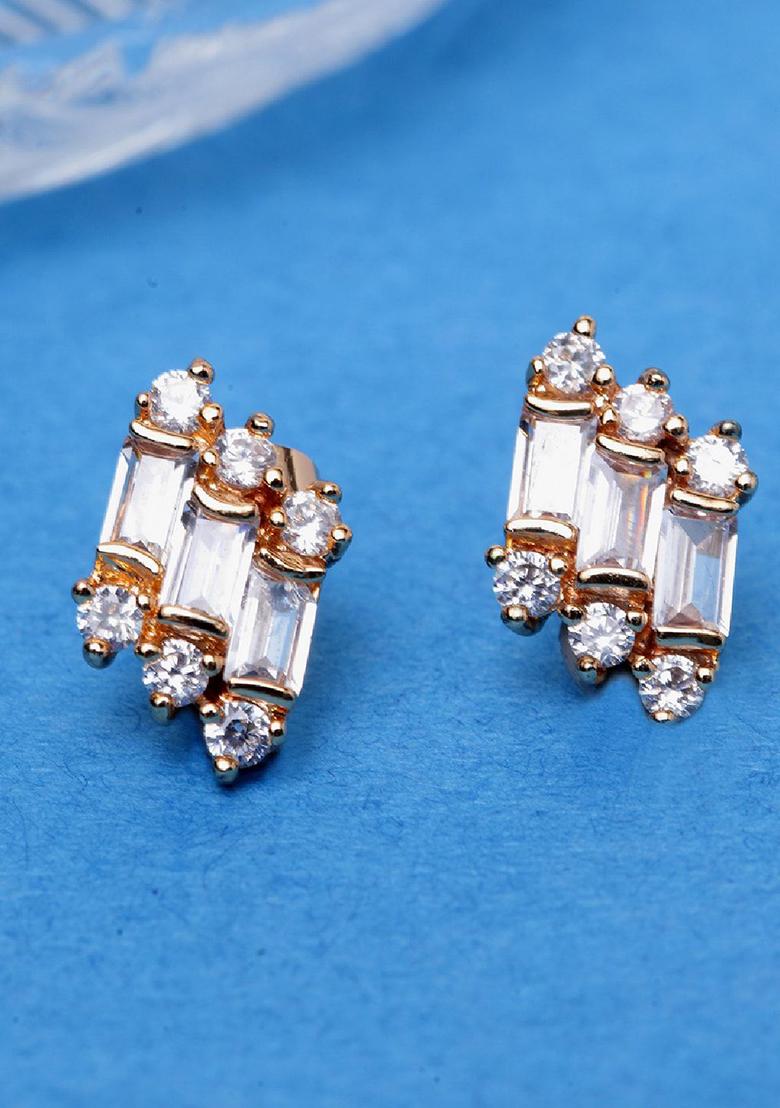 Gold Plated American Diamond Cz Stone Studded Stylish Stud Onesize White - Indya