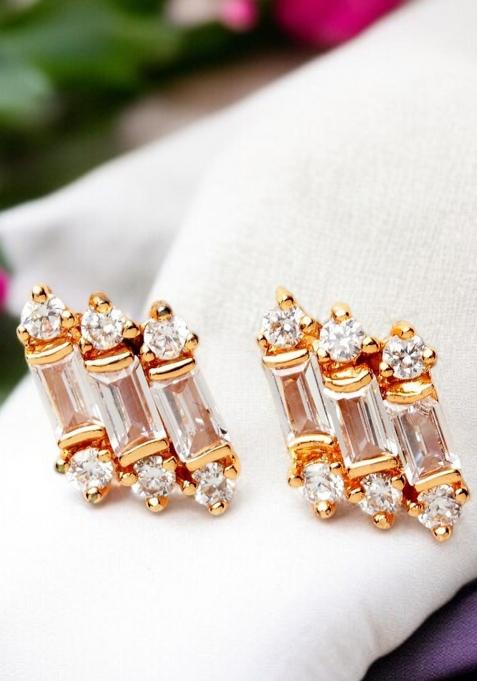 Gold Plated American Diamond Cz Stone Studded Stylish Stud Onesize White