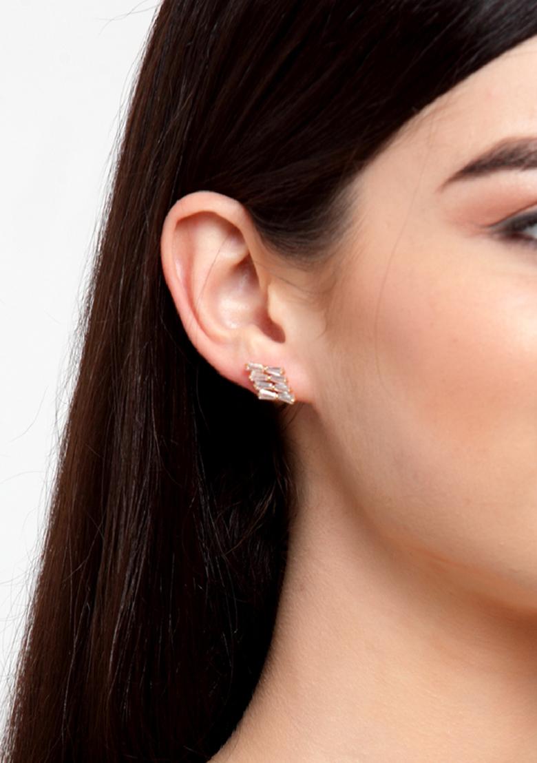 Gold Plated American Diamond Cz Stone Studded Stylish Stud Onesize White - Indya