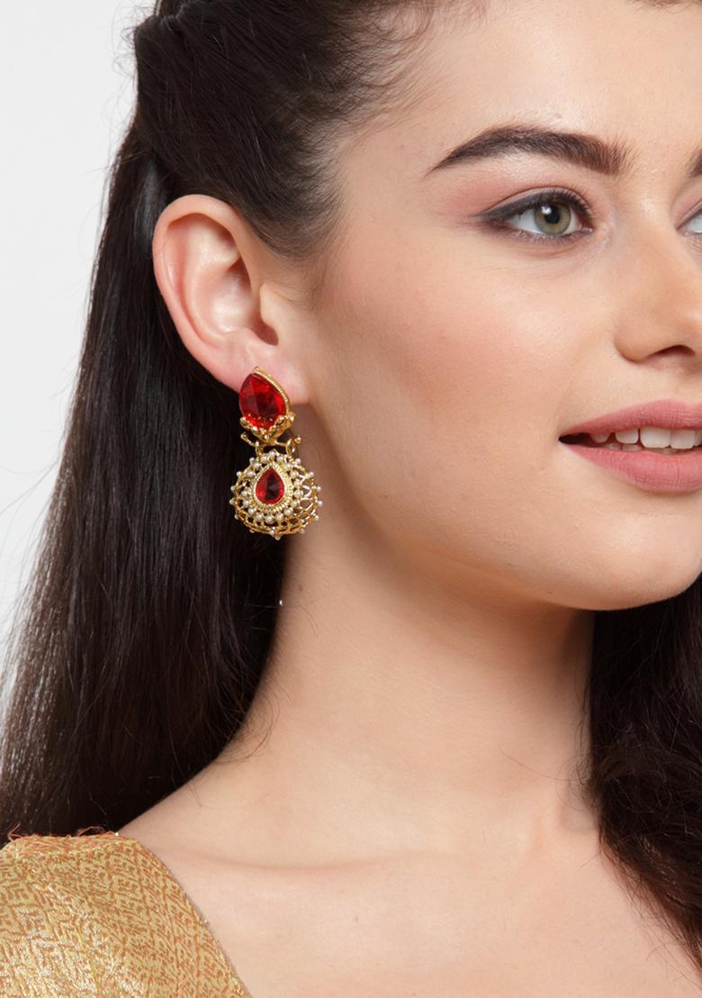 Gold Toned Aftificial Stone Classic Drop Earring - Indya