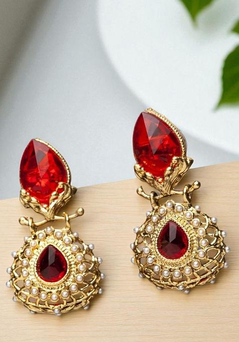 Gold Toned Aftificial Stone Classic Drop Earring
