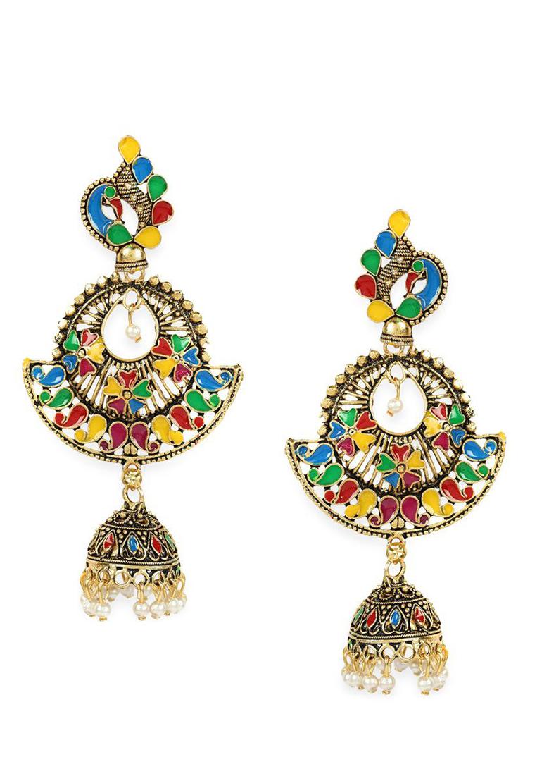 Gold Plated Stylish Traditional Multicolour Jhumka Earring - Indya