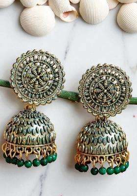 Gold Plated Exclusive Traditional Green Jhumki Earring With Pearl