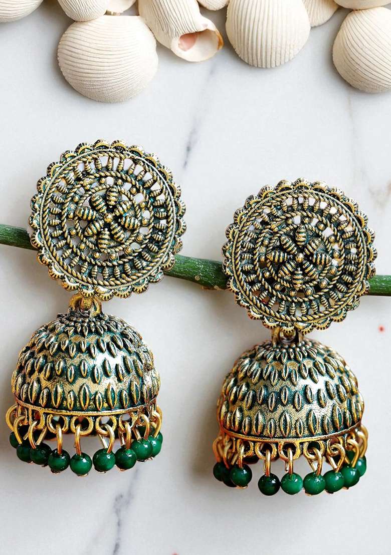 Gold Plated Exclusive Traditional Green Jhumki Earring With Pearl - Indya