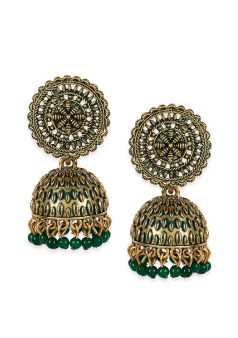 Gold Plated Exclusive Traditional Green Jhumki Earring With Pearl - Indya