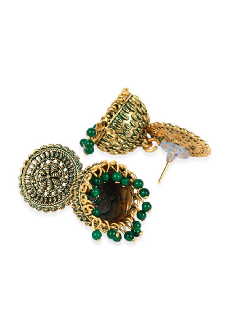 Gold Plated Exclusive Traditional Green Jhumki Earring With Pearl - Indya