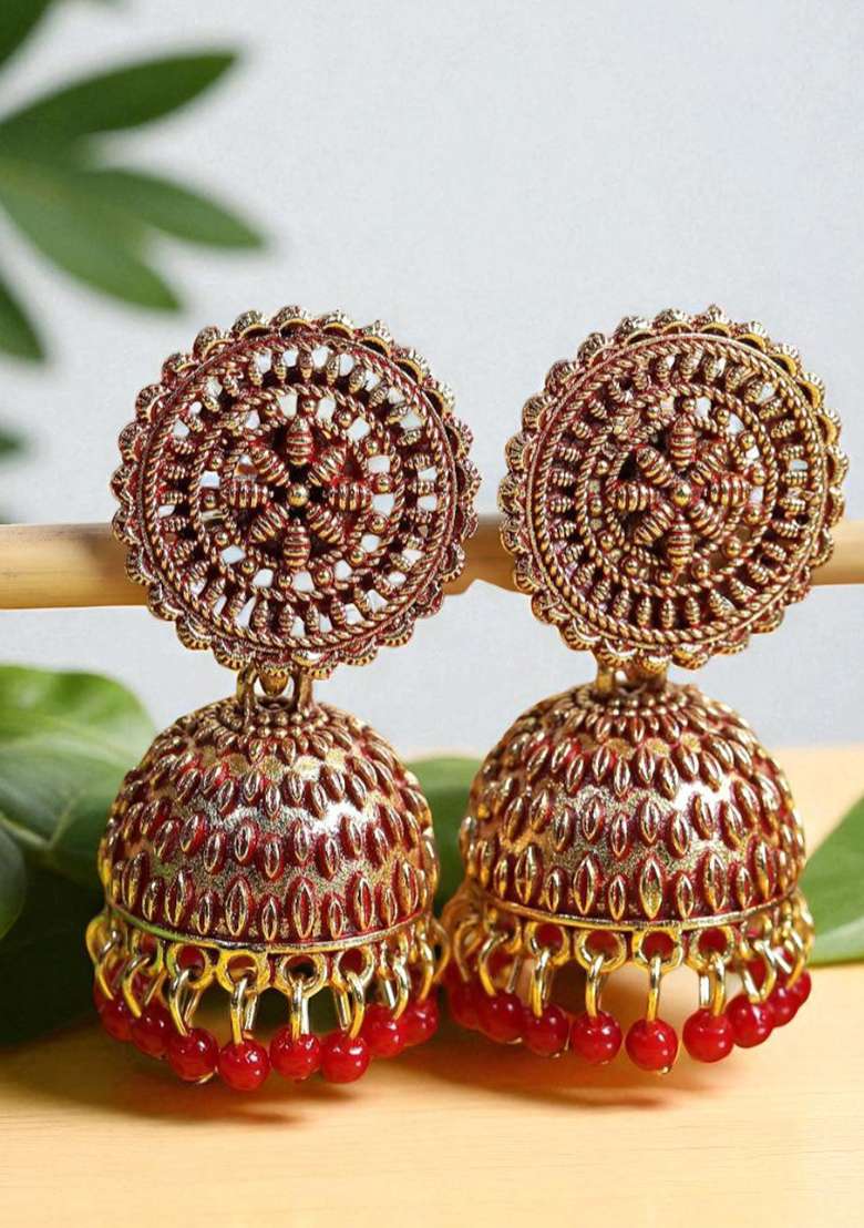 Gold Plated Exclusive Traditional Red Jhumki Earring With Pearl - Indya