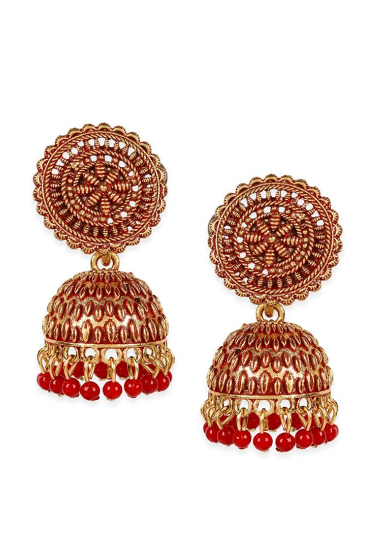 Gold Plated Exclusive Traditional Red Jhumki Earring With Pearl - Indya