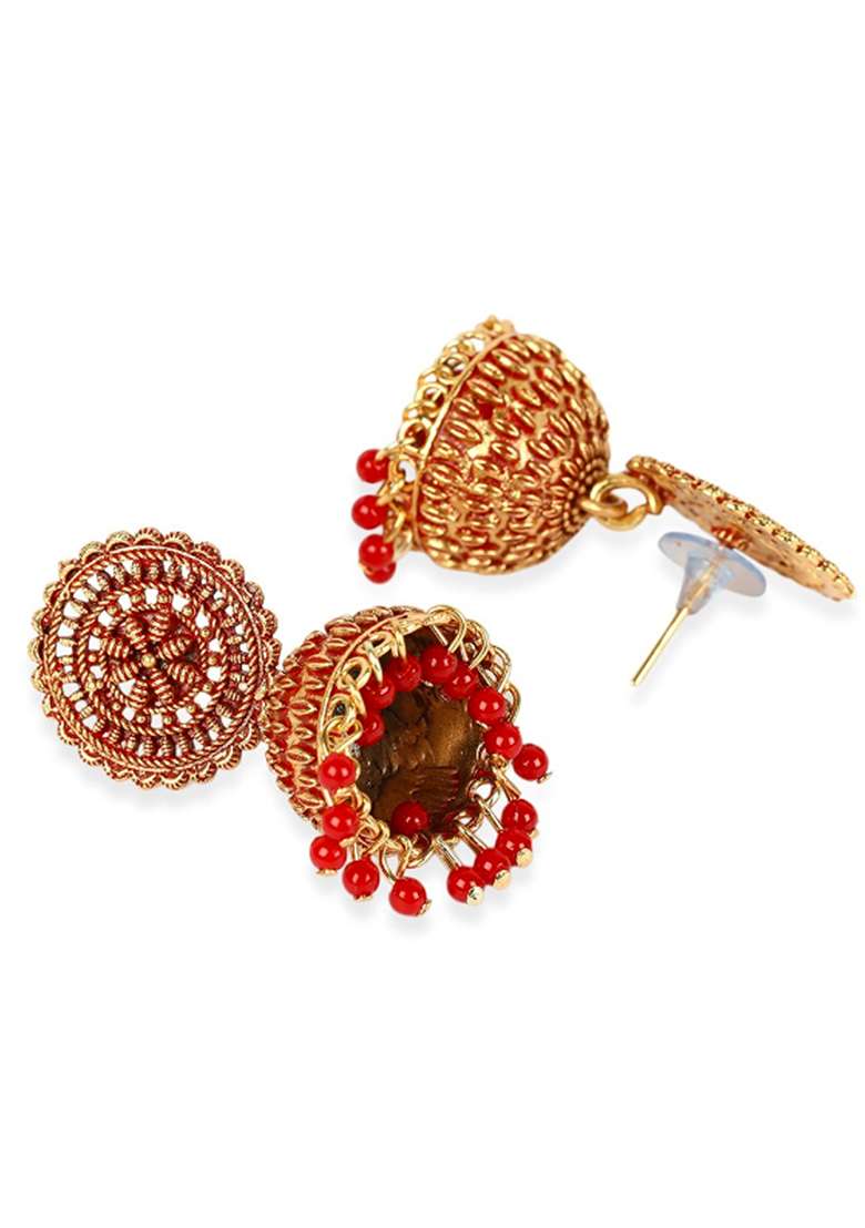 Gold Plated Exclusive Traditional Red Jhumki Earring With Pearl - Indya