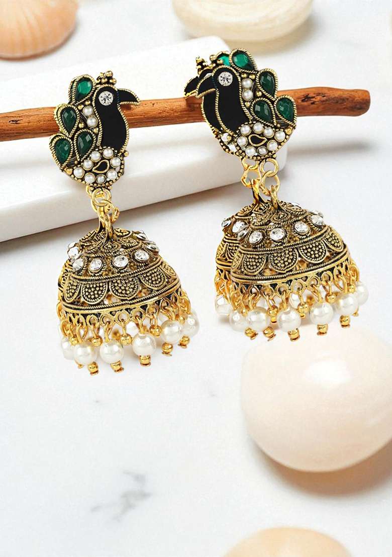 Designer Antique Polish Peacock Shaped Jhumka Earring Onesize Green - Indya