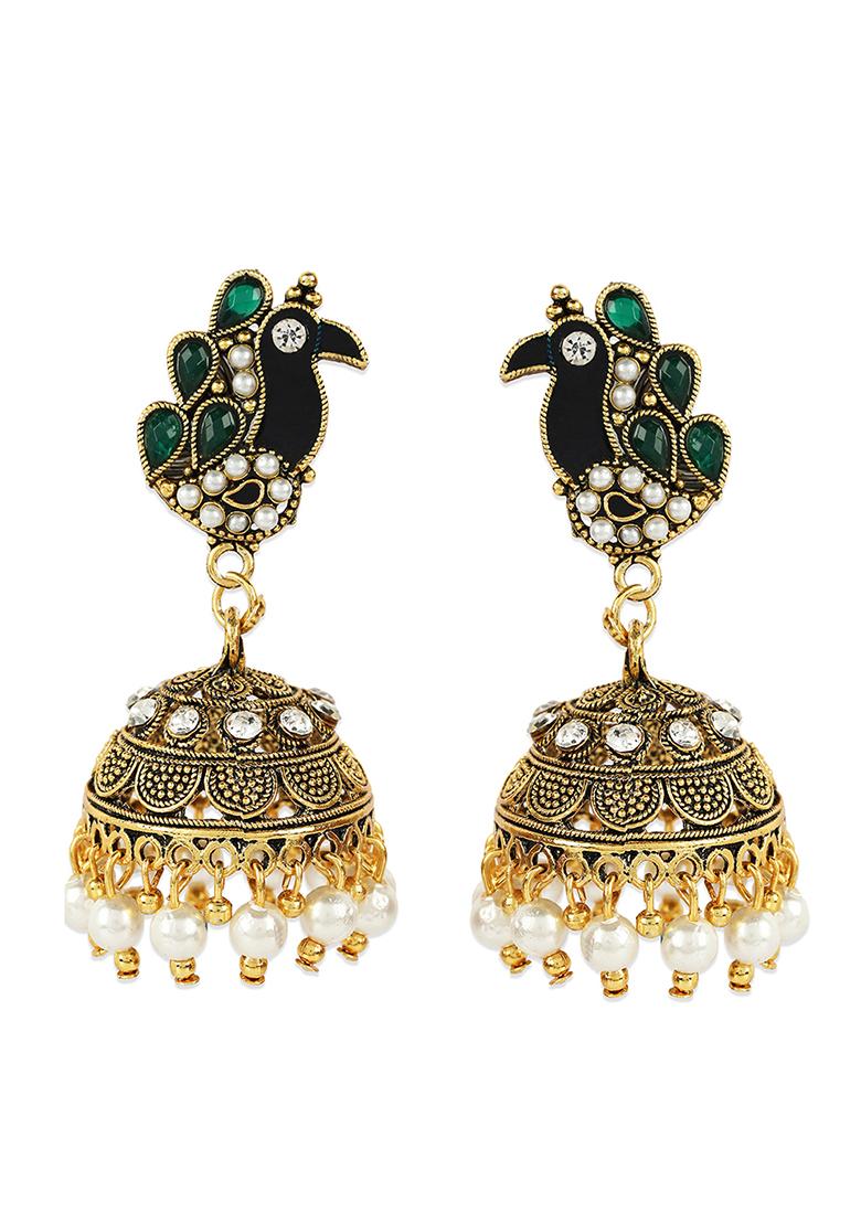 Designer Antique Polish Peacock Shaped Jhumka Earring Onesize Green - Indya