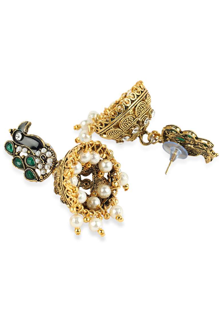 Designer Antique Polish Peacock Shaped Jhumka Earring Onesize Green - Indya