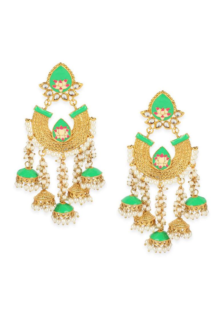 Traditional Gold Plated Taselled Jhumki Meenakari Earring Onesize Green - Indya