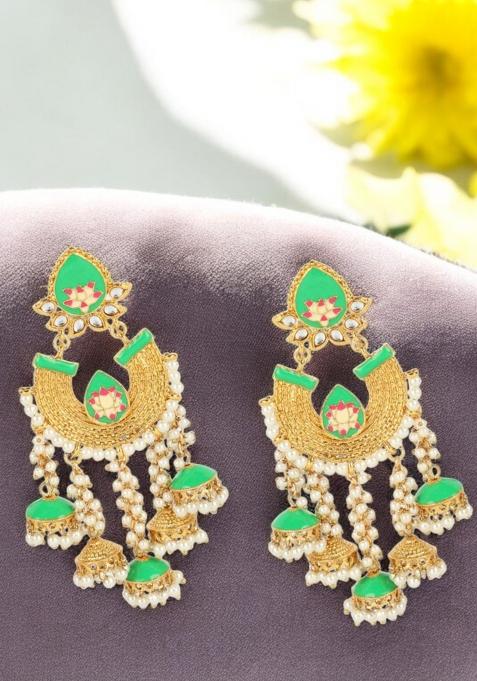 Traditional Gold Plated Taselled Jhumki Meenakari Earring Onesize Green