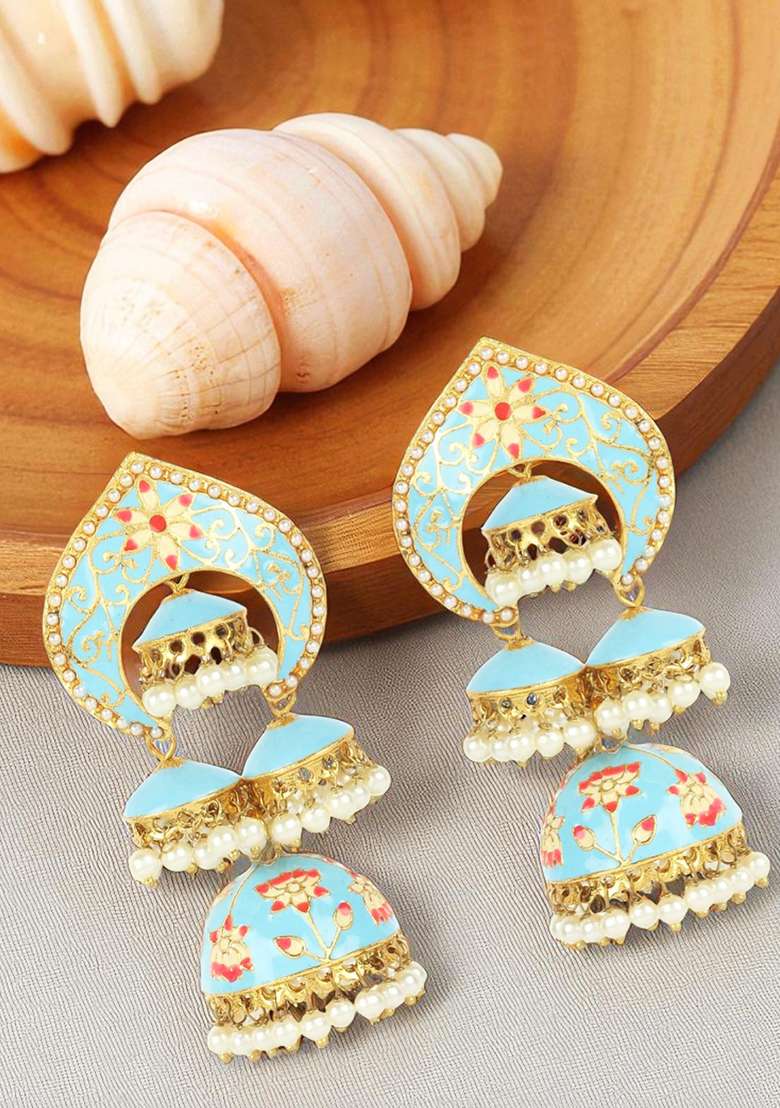 Traditional Gold Plated Temple Jhumki Meenakari Earring Onesize Blue - Indya