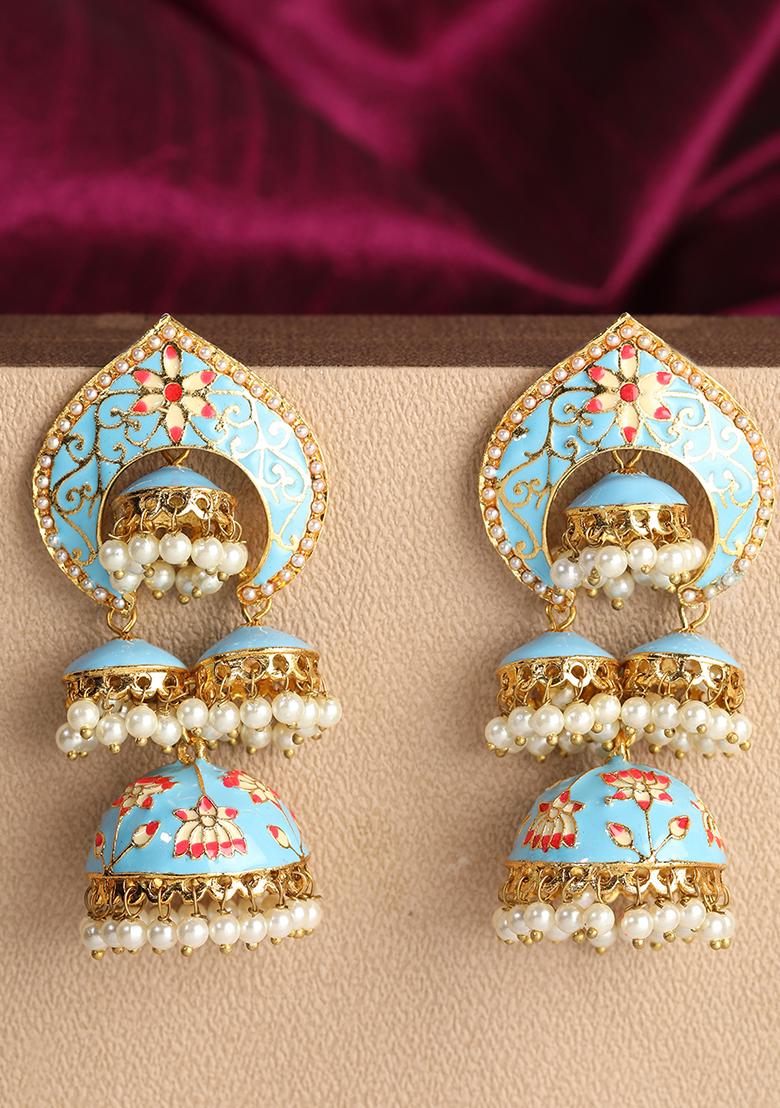 Traditional Gold Plated Temple Jhumki Meenakari Earring Onesize Blue - Indya