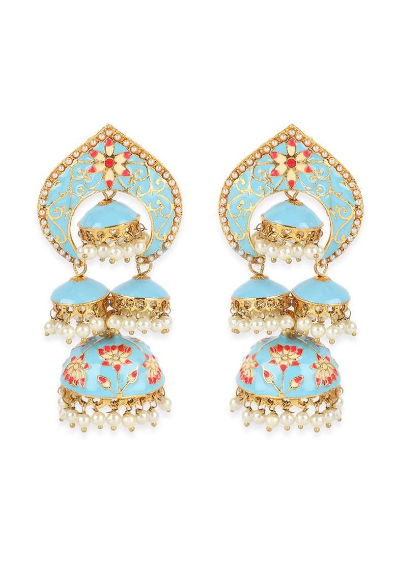 Traditional Gold Plated Temple Jhumki Meenakari Earring Onesize Blue - Indya